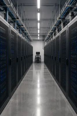 Blue Lit Data Center Server Aisle
