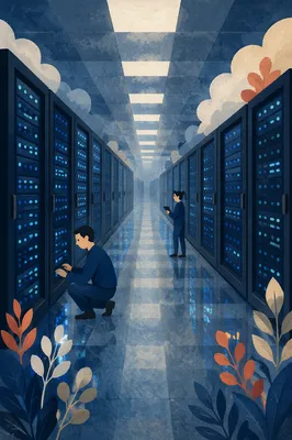 Blue Lit Data Center Server Aisle