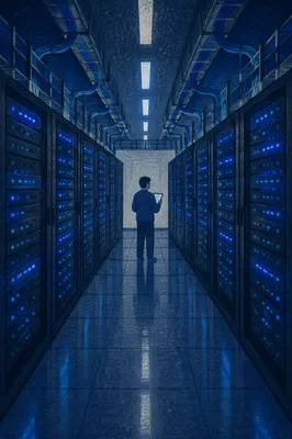 Blue Lit Server Room With Technician