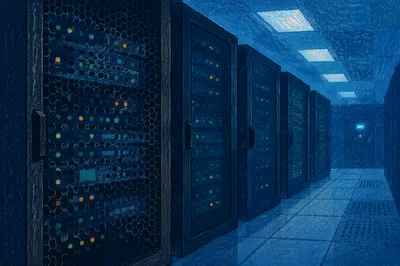 Blue Lit Secure Data Center Aisle