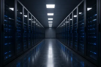 Blue Lit Data Center Server Aisle