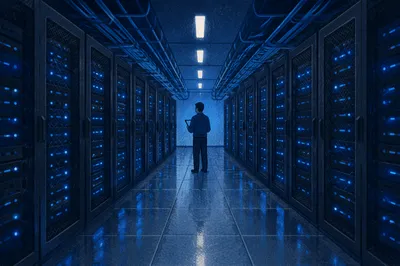 Blue Lit Server Room With Technician