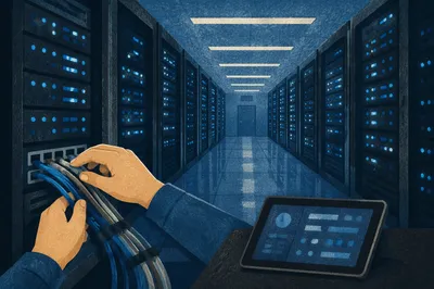 Blue Lit Server Room With Technician Hands