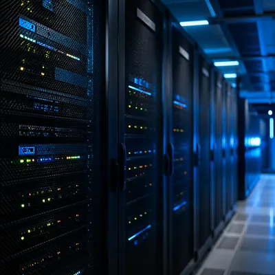 Blue Lit Secure Data Center Aisle