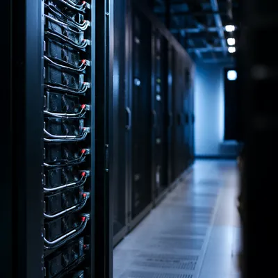 Blue Lit Data Center Server Aisle