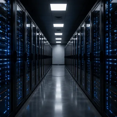 Blue Lit Modern Data Center Aisle