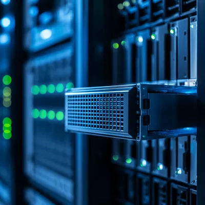 Blue Lit Modern Data Center Server Blade