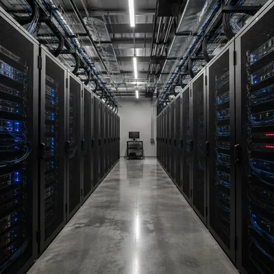 Blue Lit Modern Data Center Aisle