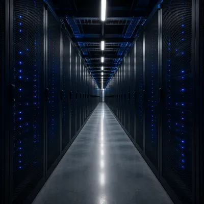 Blue Lit Modern Data Center Aisle