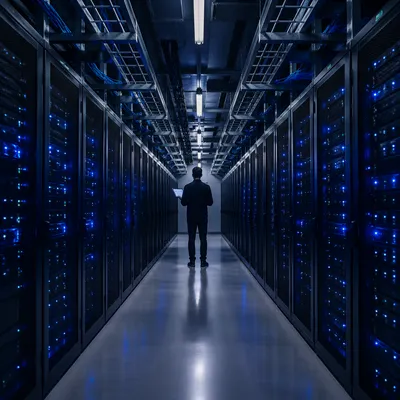 Blue Lit Server Room with Technician