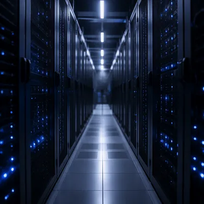 Blue Lit Server Room Aisle