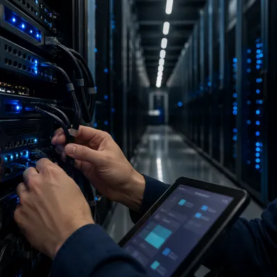 Blue Lit Server Room With Technician Hands