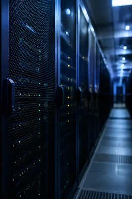 Blue Lit Data Center Server Aisle