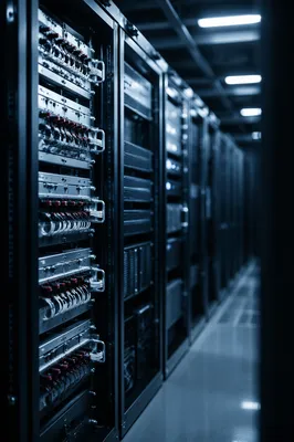 Blue Lit Data Center Server Aisle