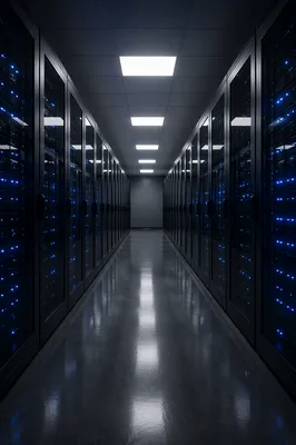 Blue Lit Modern Data Center Aisle