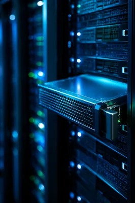 Blue Lit Modern Data Center Server