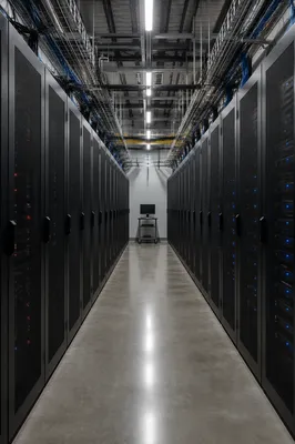 Blue Lit Modern Data Center Aisle