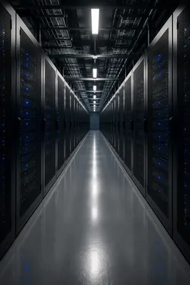 Modern Data Center Aisle with Blue Lights