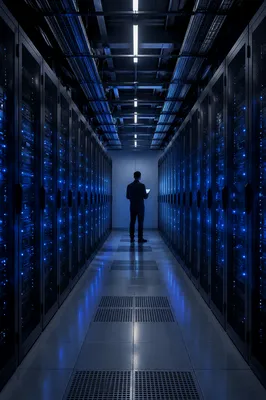Blue Lit Modern Server Room Aisle