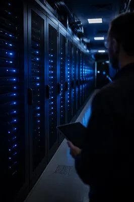 Blue Lit Server Room at Night