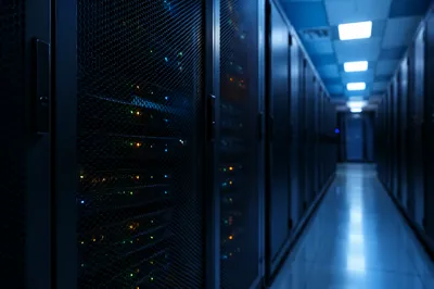 Blue Lit Data Center Server Aisle