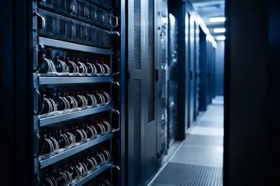 Blue Lit Data Center Server Aisle