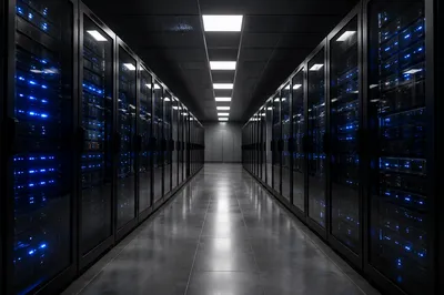 Blue Lit Modern Data Center Aisle