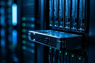 Blue Lit Modern Data Center Servers