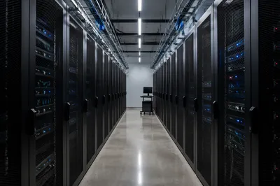 Modern Data Center Aisle With Blue Lights