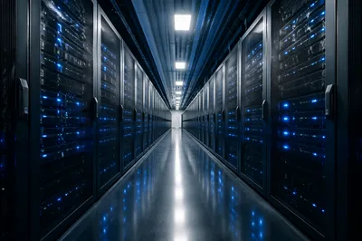 Modern Server Room with Blue Lights