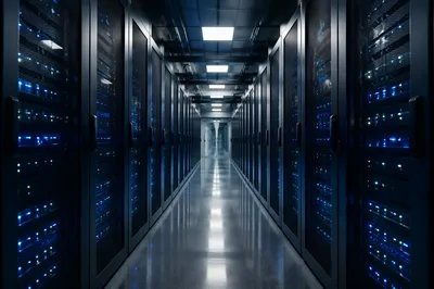 Blue Lit Server Room Aisle