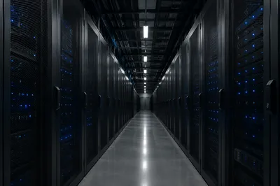 Symmetrical Data Center Aisle with Blue Lights