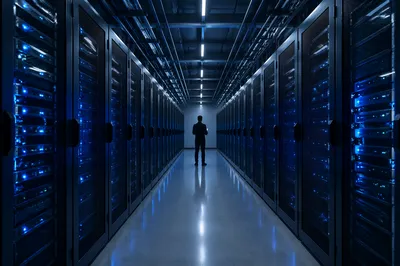 Blue Lit Server Room With Vigilant Technician