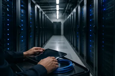 Blue Lit Data Center With Technician Hands