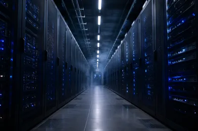 Blue Lit Server Room Aisle