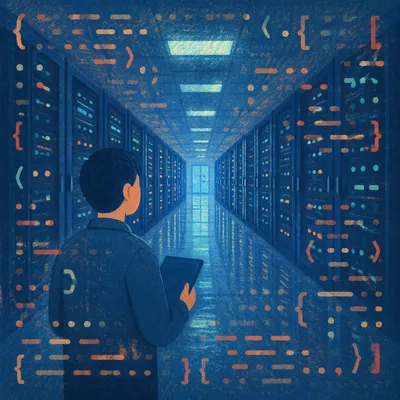 Blue Data Center Corridor With Glowing Code
