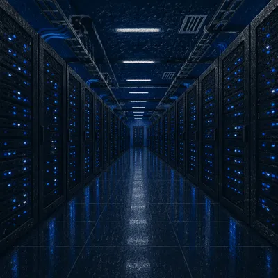Blue Lit Data Center Server Rows