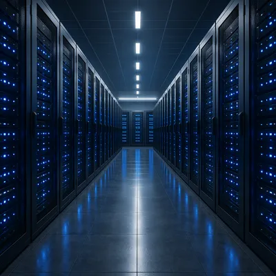 Blue Lit Data Center Server Corridor