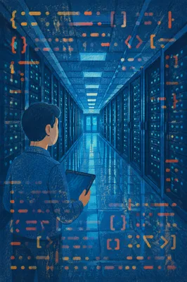 Blue Lit Data Center Corridor