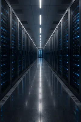 Blue-Lit Data Center Server Corridor