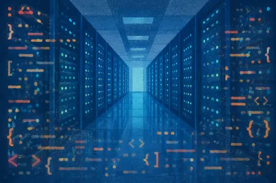 Blue Data Center Corridor With Code Glow