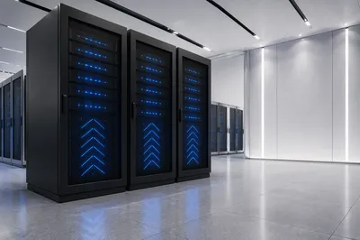 Modern Data Center with Blue Server Lights