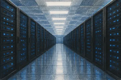 Blue Lit Data Center Server Rows