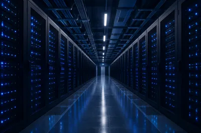 Blue Lit Data Center Server Rows