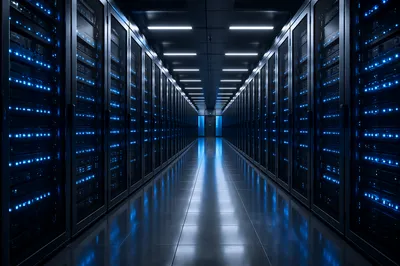 Blue Lit Data Center Server Corridor