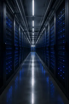 Blue Lit Data Center Server Corridor