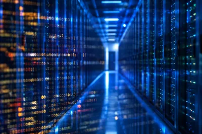 Blue Data Center Corridor with Code Overlay