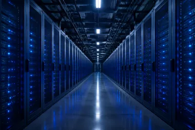 Blue-Lit Server Room Data Center Aisle