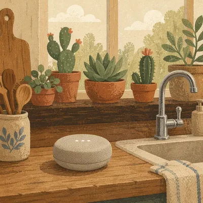 Smart Speaker on Rustic Kitchen Counter