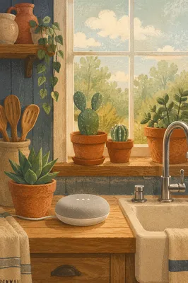 Smart Speaker on Rustic Kitchen Counter